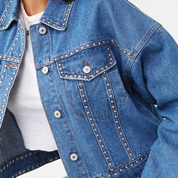 Silver Studded Jean Denim Jacket Tiger - Size Medium - NEW - Picture 7 of 7